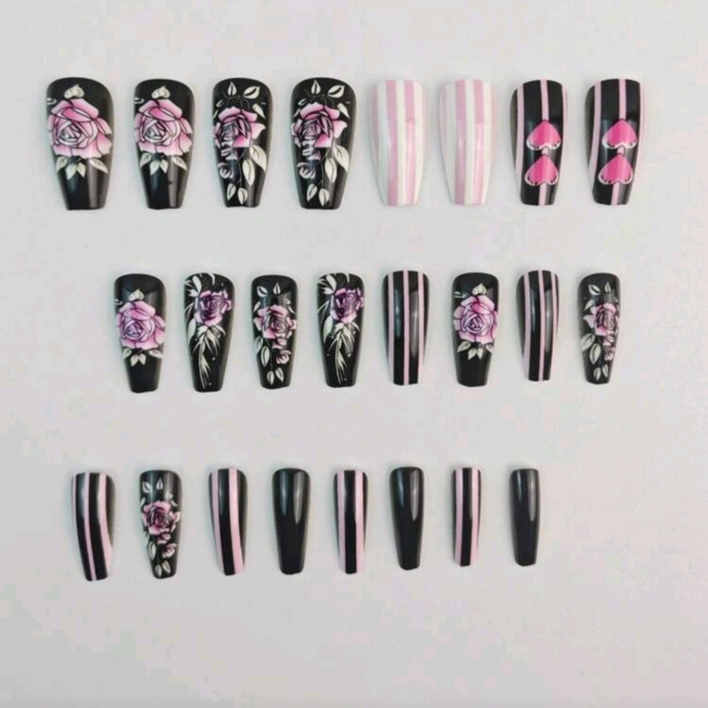 Black and Pink Floral Press-on Nails - Picture 3 of 6